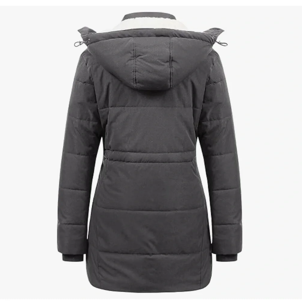 NWT Gray Puffer Jacket with Removable Hood and Quilted Design and Sherpa inside